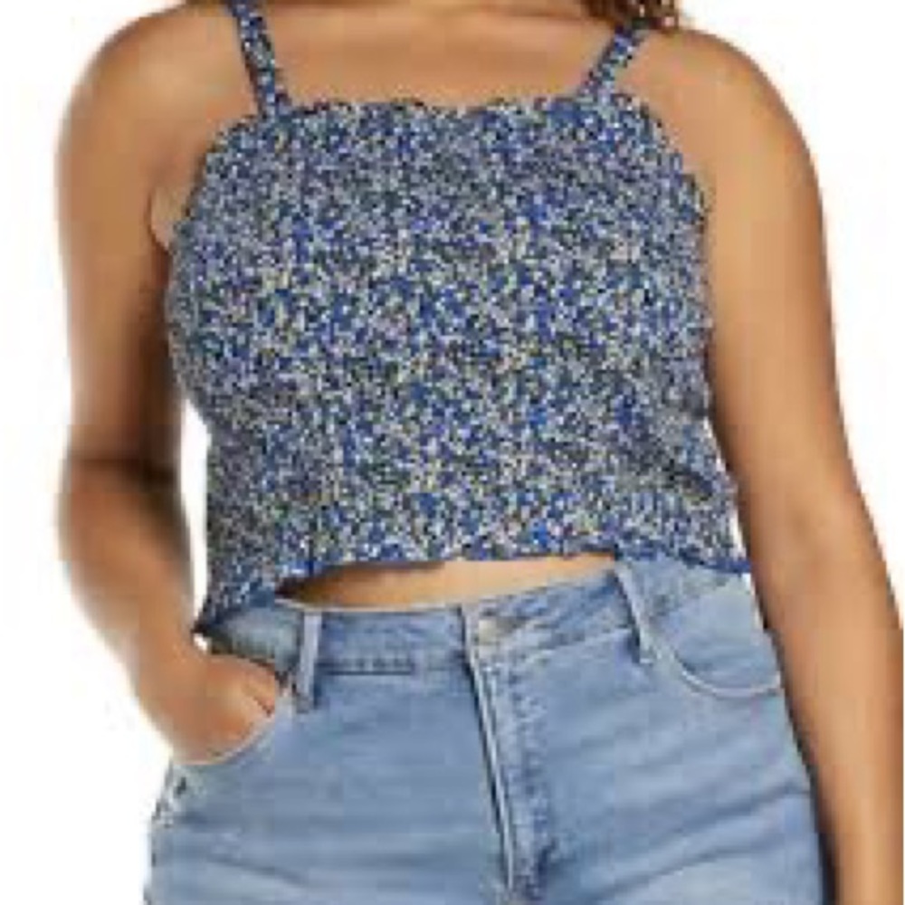 BP Printed Black-Blue Maisey Ditsy Smocked Crop Top